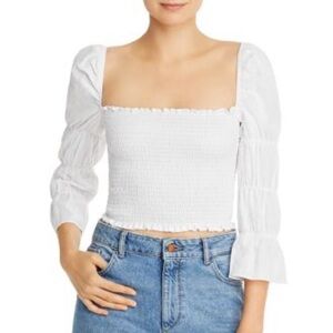 Reformation smocked white linen blend top